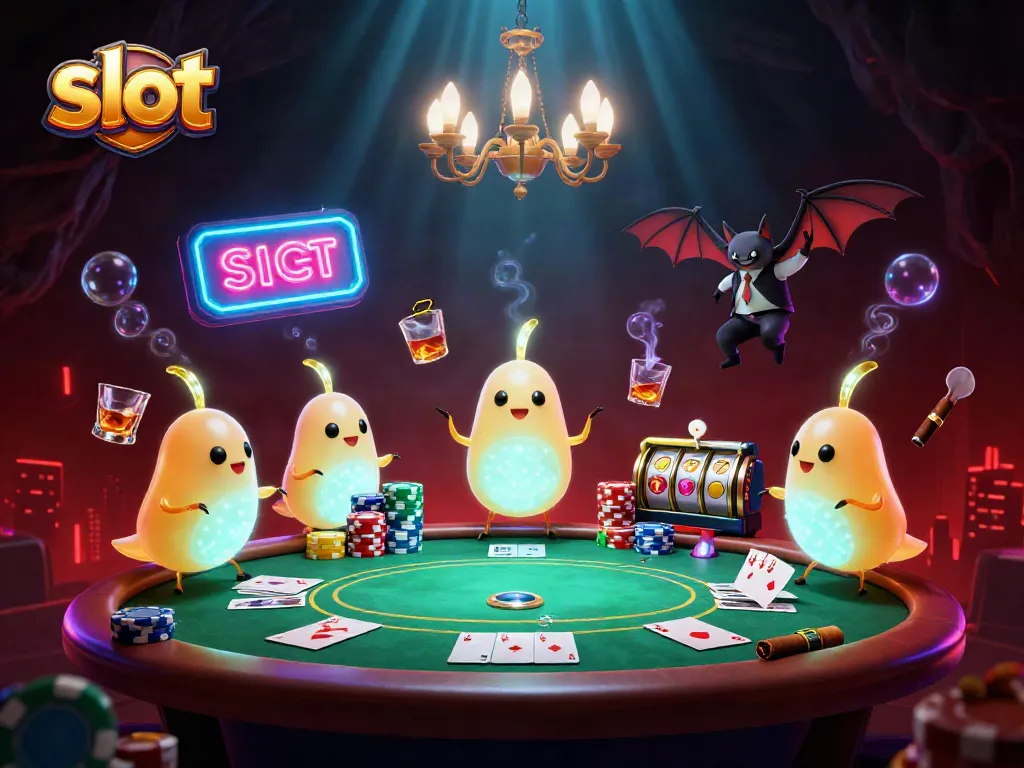 Spin the slot reels and win big in this vibrant casino scene with poker elements and colorful characters.