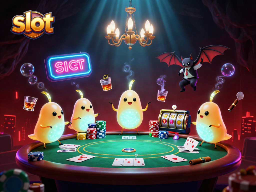 Spin the slot reels and win big in this vibrant casino scene with poker elements and colorful characters.