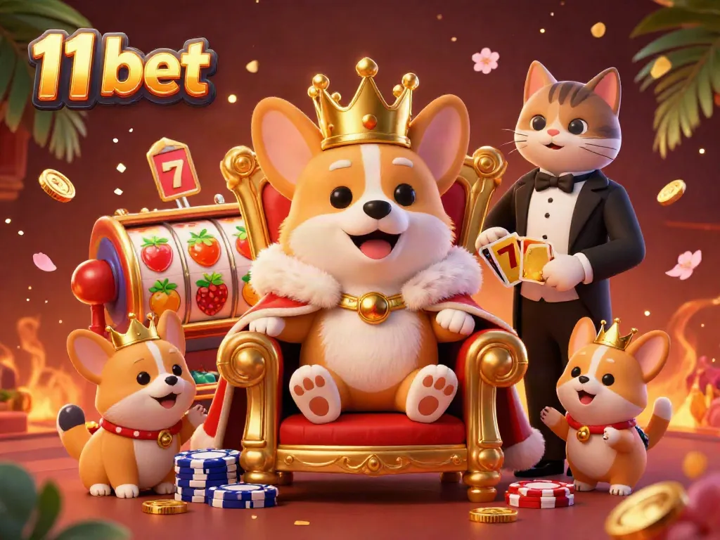 Spin to win at 11 bet with a royal corgi on a throne of poker chips and golden slot reels!