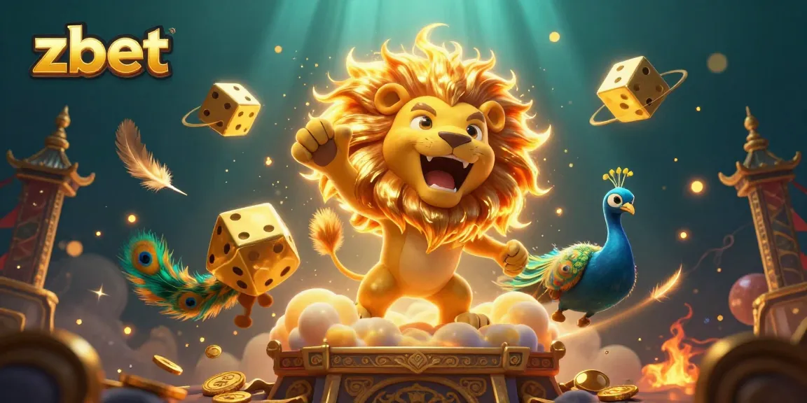 Join the zbet adventure with a roaring sun lion amidst golden dice and peacock, showcasing vibrant casino imagery.