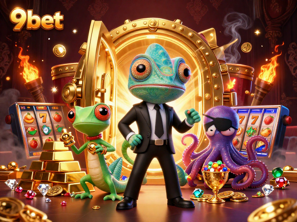 Engage with 9bet's vibrant 3D casino scene featuring a chameleon agent, a gecko sidekick, and treasures.