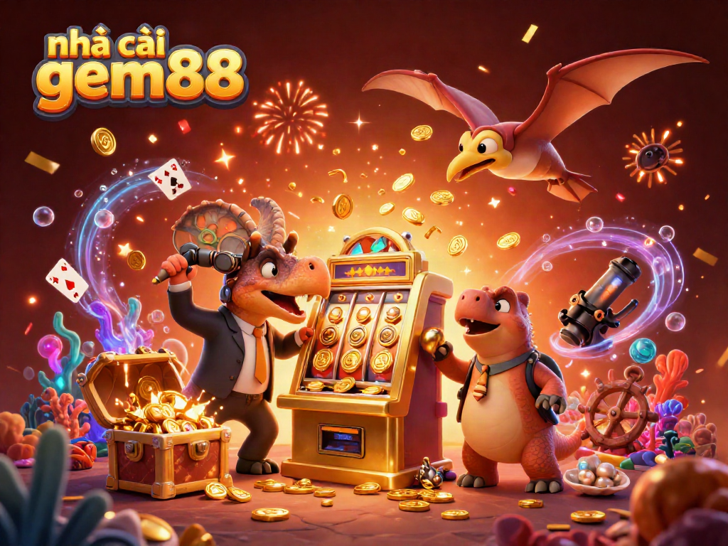 Celebrate big wins at nhà cái gem88 with a cartoon dinosaur and casino elements in a vibrant illustration.