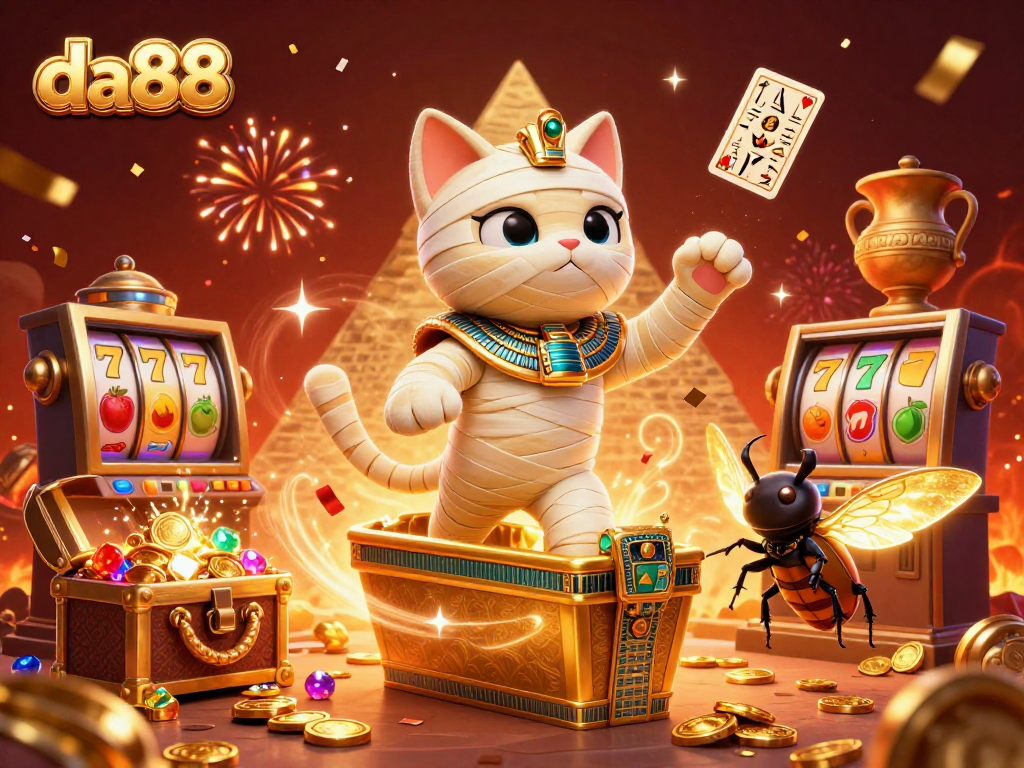 Join the fun with da88's 3D casino adventure featuring slots, a mummy cat, and treasure treasures!
