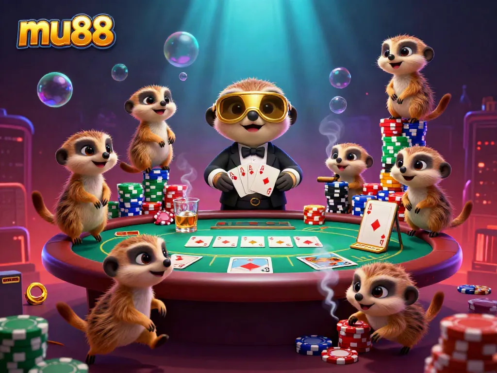 Engage in thrilling gameplay at mu88 with a lively meerkat casino scene showcasing excitement and strategic poker action.
