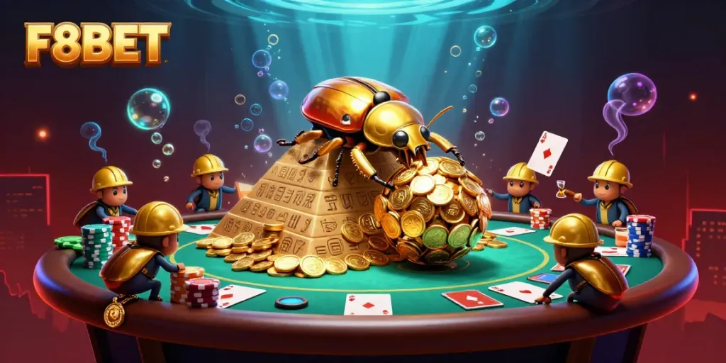 Experience F8BET's exciting gaming environment with a golden beetle and casino elements in a vibrant illustration.