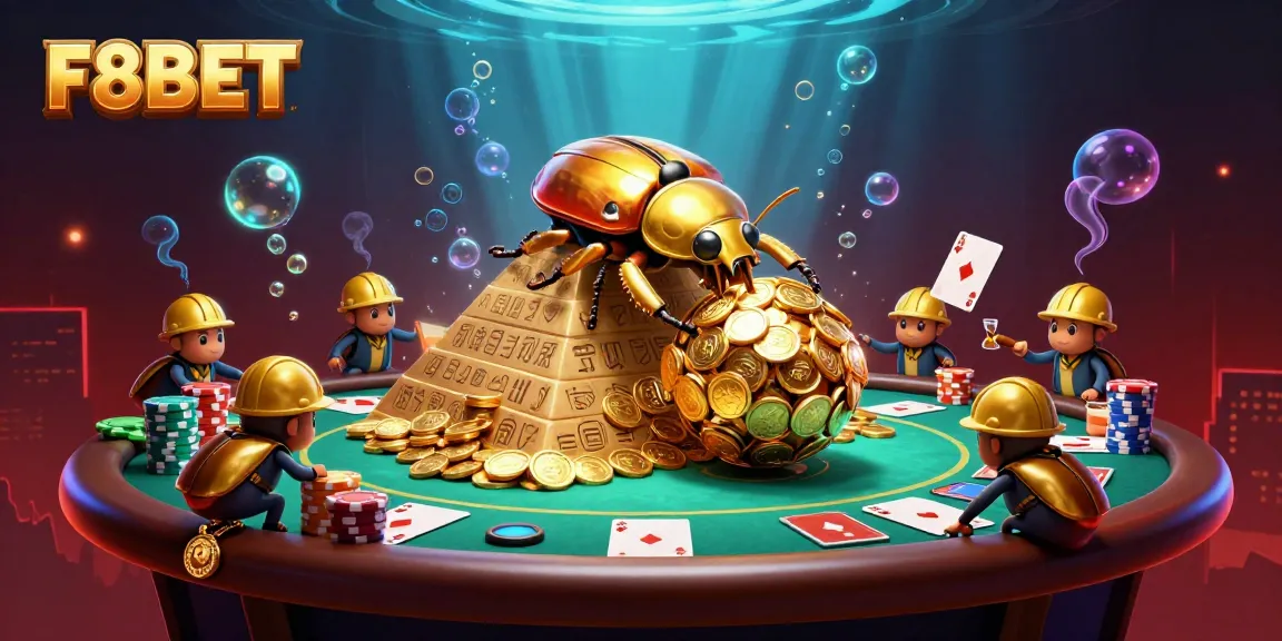 Experience F8BET's exciting gaming environment with a golden beetle and casino elements in a vibrant illustration.