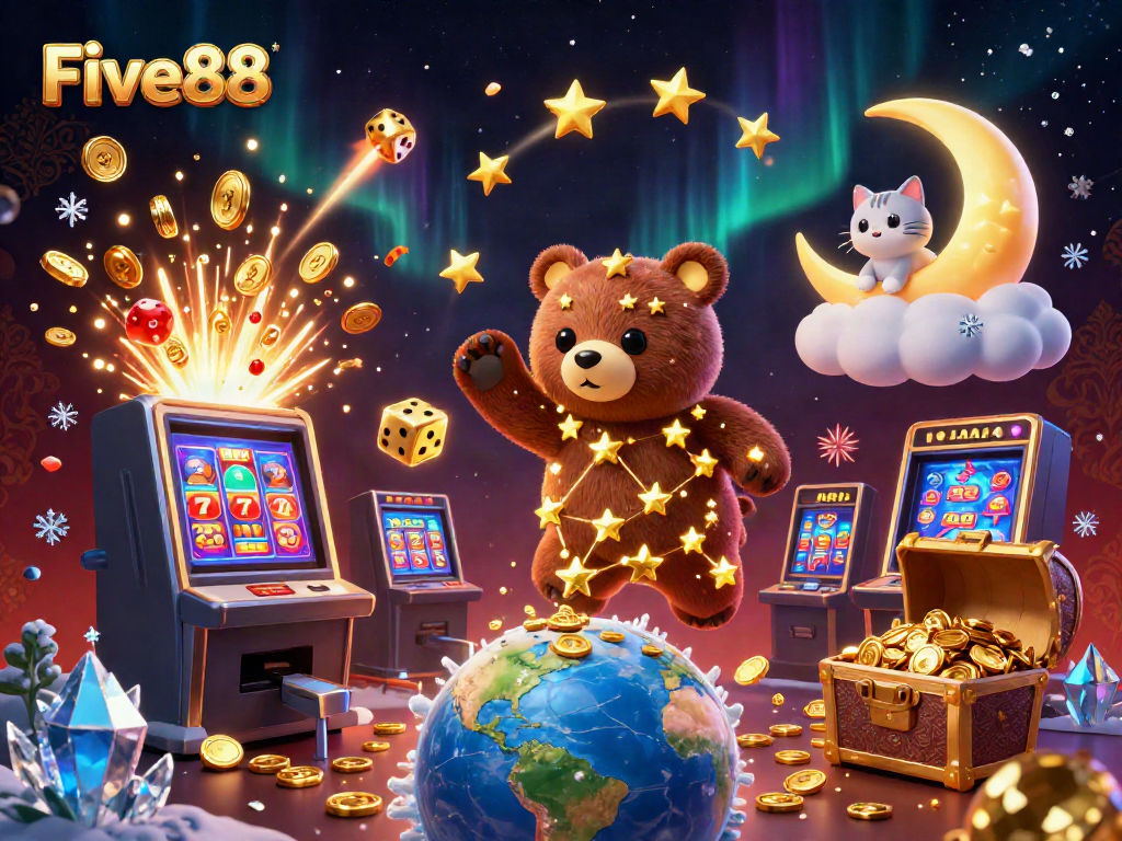 Experience the thrilling world of Five88 with a vibrant casino scene showcasing winning elements and dynamic characters.