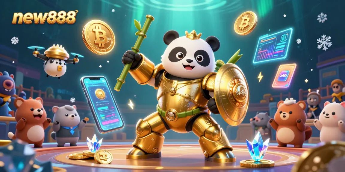 Engage with new888 through a vibrant casino scene featuring a golden panda and crypto elements.