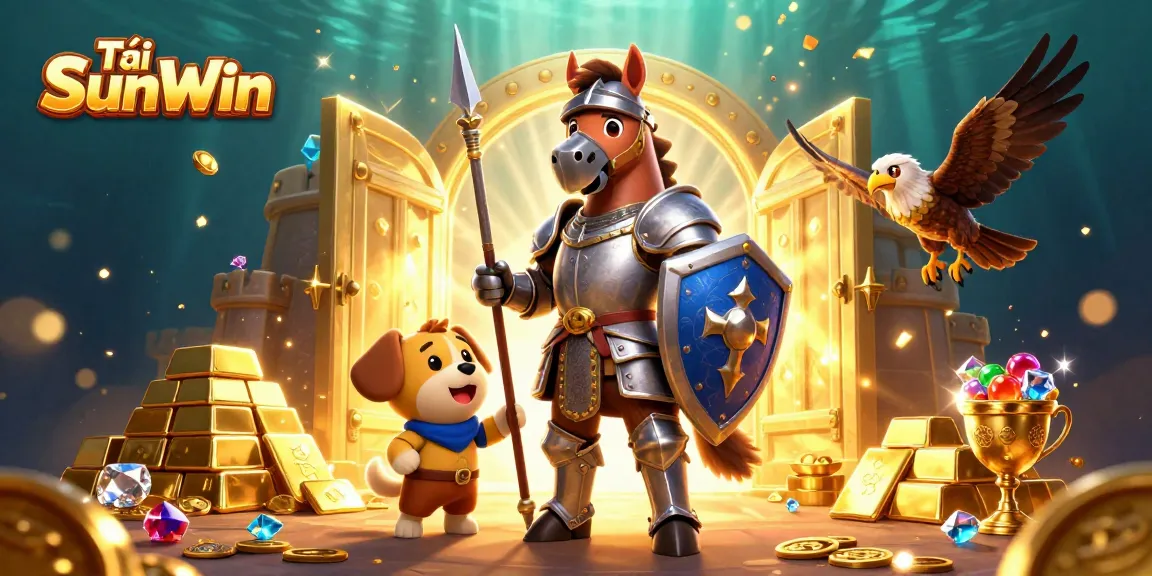 Experience Tải SunWin with a vibrant 3D scene featuring a knight, puppy, and falcon in a casino treasure setting.
