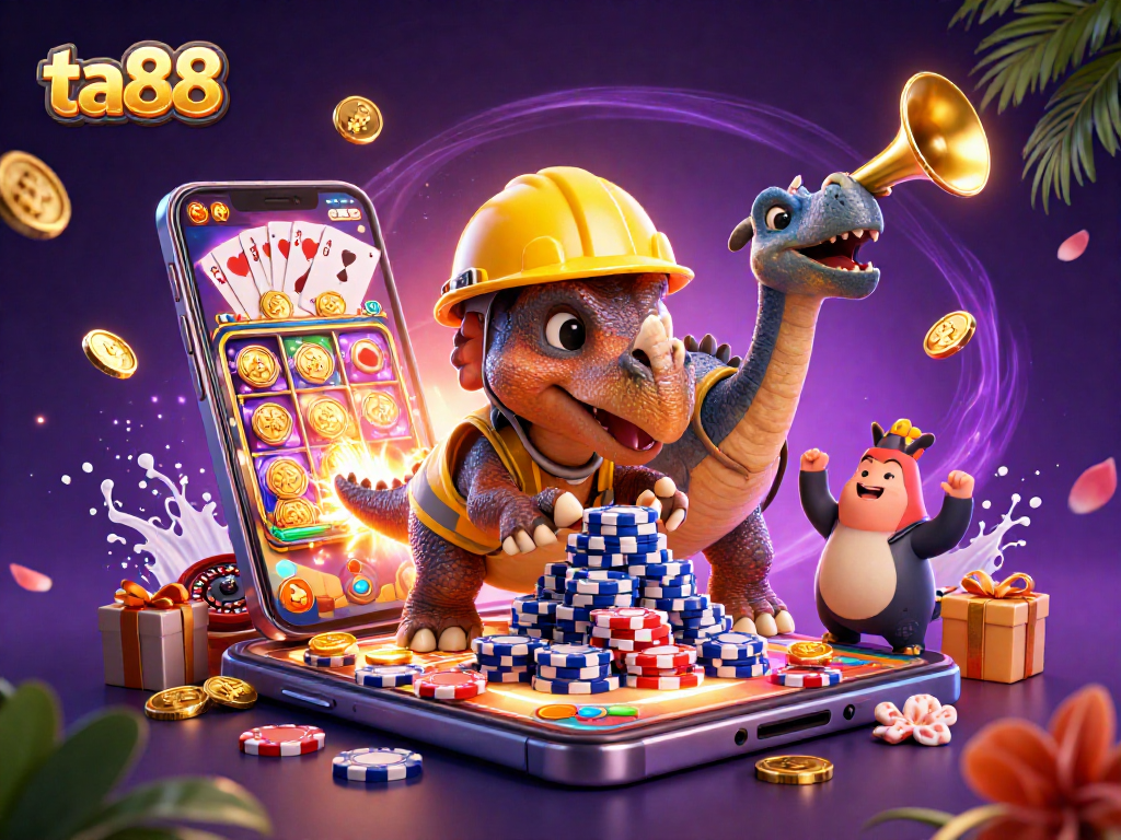 Experience the excitement of ta88 as a triceratops builds poker chip towers in a vibrant casino scene.