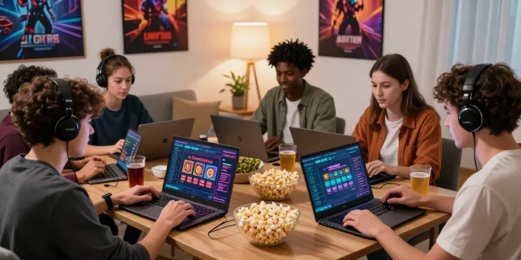 Dewatogel online lottery experience with players enjoying a thrilling game in a cozy living room.