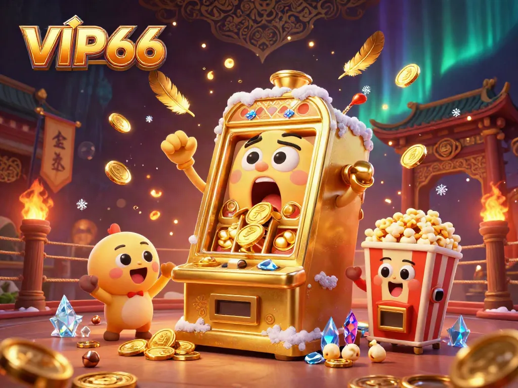 VIP66 slot machine hits a jackpot, with cheering baby slots in a vibrant casino scene.