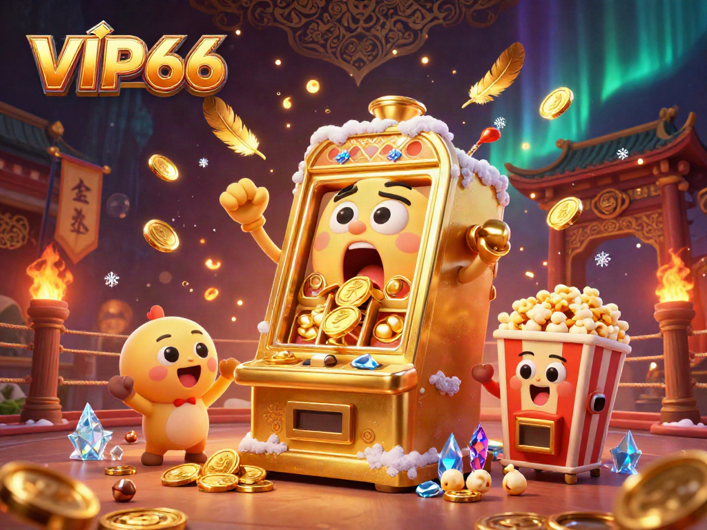 VIP66 slot machine hits a jackpot, with cheering baby slots in a vibrant casino scene.
