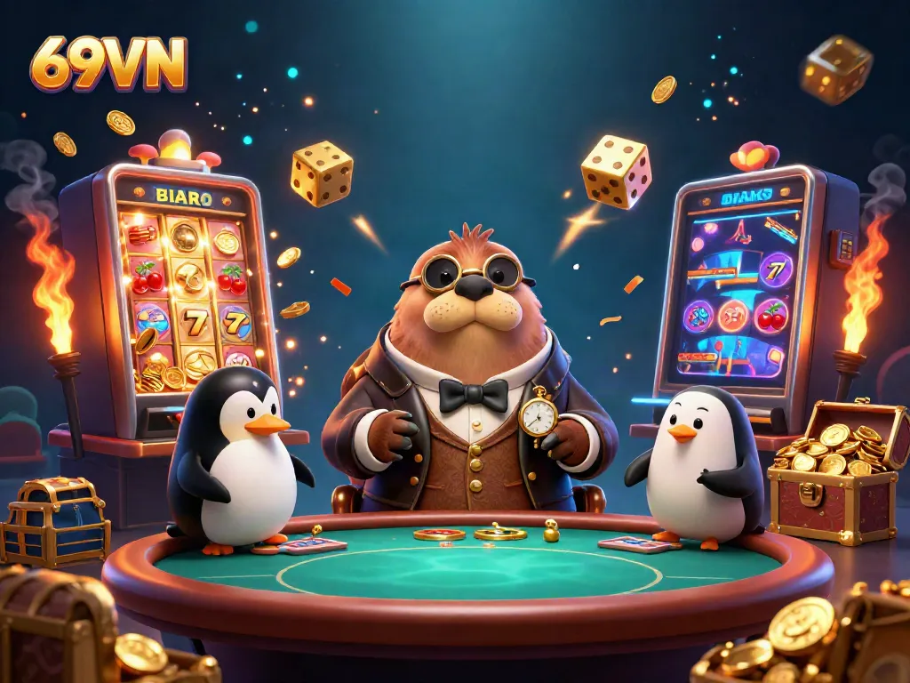 Immerse yourself in the exciting world of 69VN casino with a whimsical underwater poker scene featuring a walrus, penguin dealer, and a bluffing pufferfish.