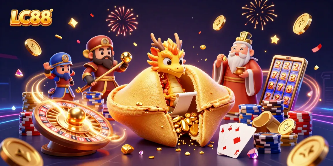 Play dynamic games at LC88 with a golden fortune cookie theme and vibrant casino elements.
