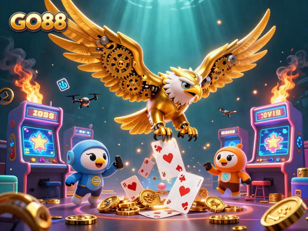 Engage in exciting Go88 casino adventures with a dynamic golden eagle and gaming machines.