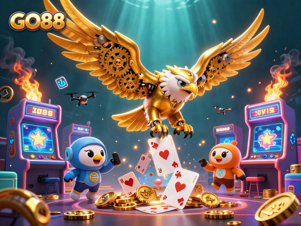 Engage in exciting Go88 casino adventures with a dynamic golden eagle and gaming machines.