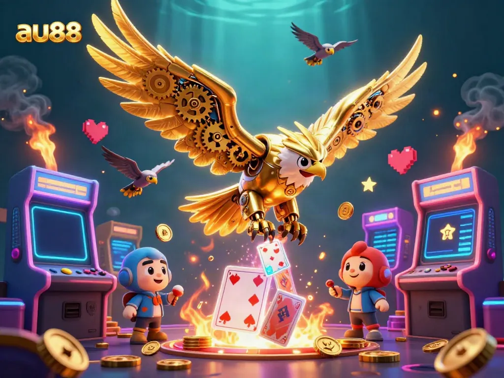 Unleash your winning potential at au88 with a vibrant 3D casino adventure featuring golden eagle and holographic cards.