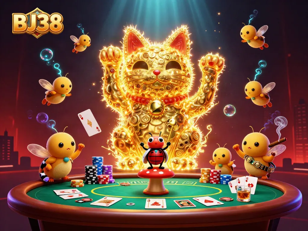 Experience BJ38's vibrant casino atmosphere with a lucky cat, conductor beetle, and poker table elements.