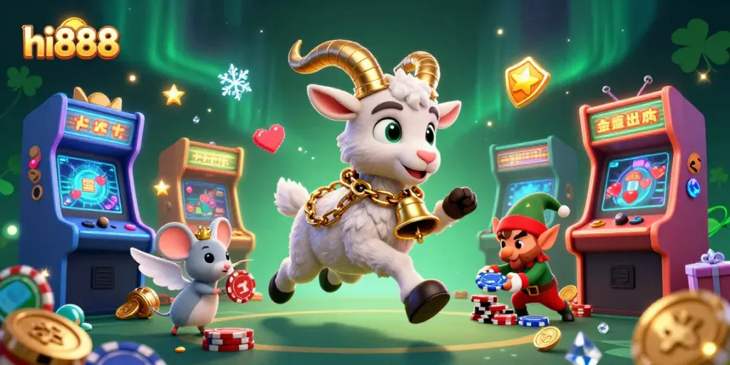Experience gaming excitement at hi888 with festive characters in a dynamic casino scene.