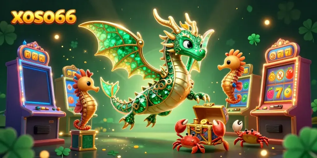 Xoso66 showcases a dazzling 3D casino scene featuring a treasure-laden sea dragon, captivating players with vibrant slot machines.