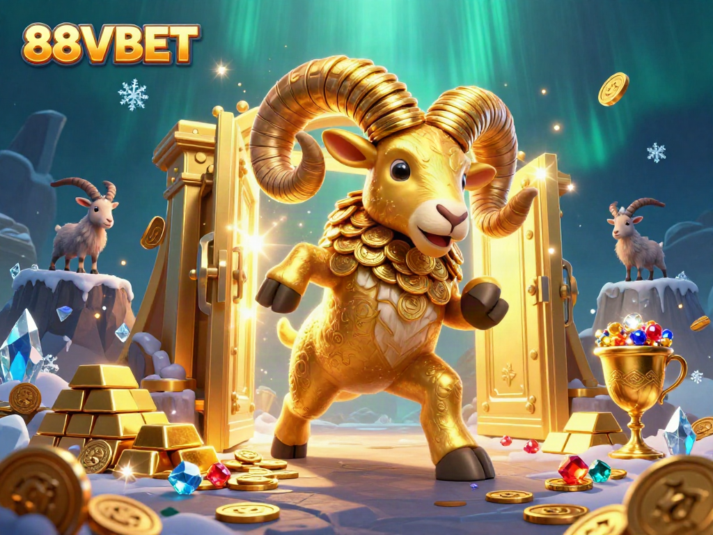 Experience the excitement of 88VBET in a vibrant casino scene with a charging ram and treasures.