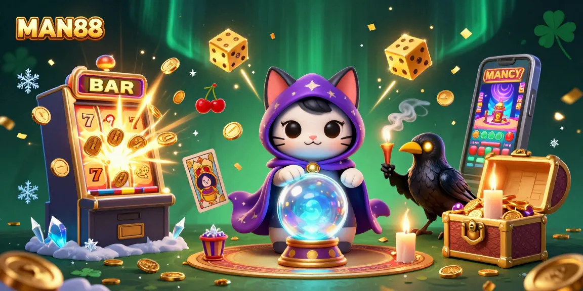Engage with MAN88's thrilling casino scene featuring a fortune teller and lavish jackpot elements.