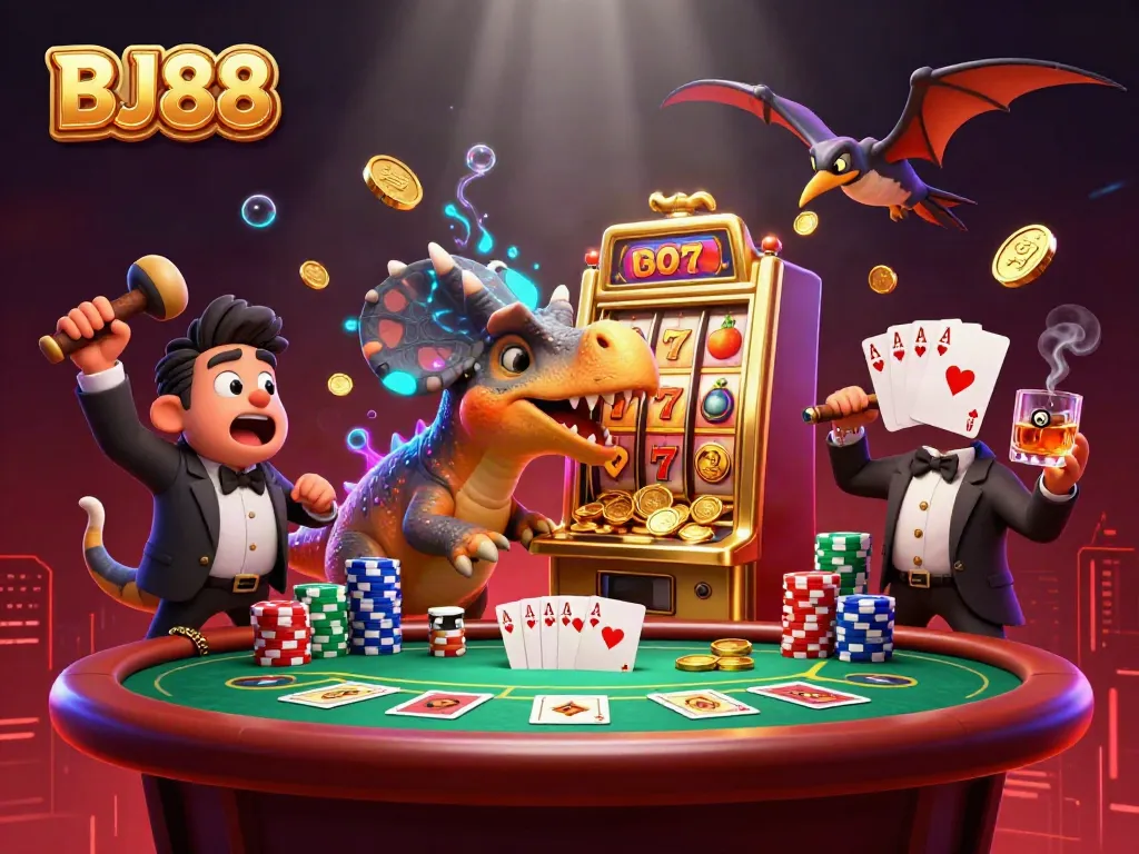 BJ88 casino scene with a pachycephalosaurus winning jackpot coins, engaging gamblers in vibrant surroundings.