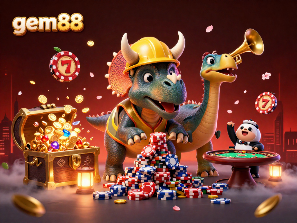 gem88 elevates the thrill of winning with a triceratops constructing poker chip towers amidst exciting casino elements.