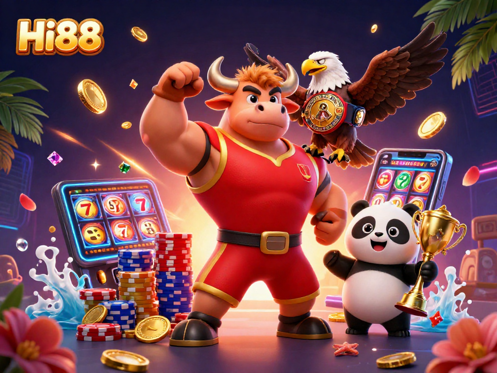 Win big at Hi88 with a vibrant 3D casino scene featuring mascots and casino elements.