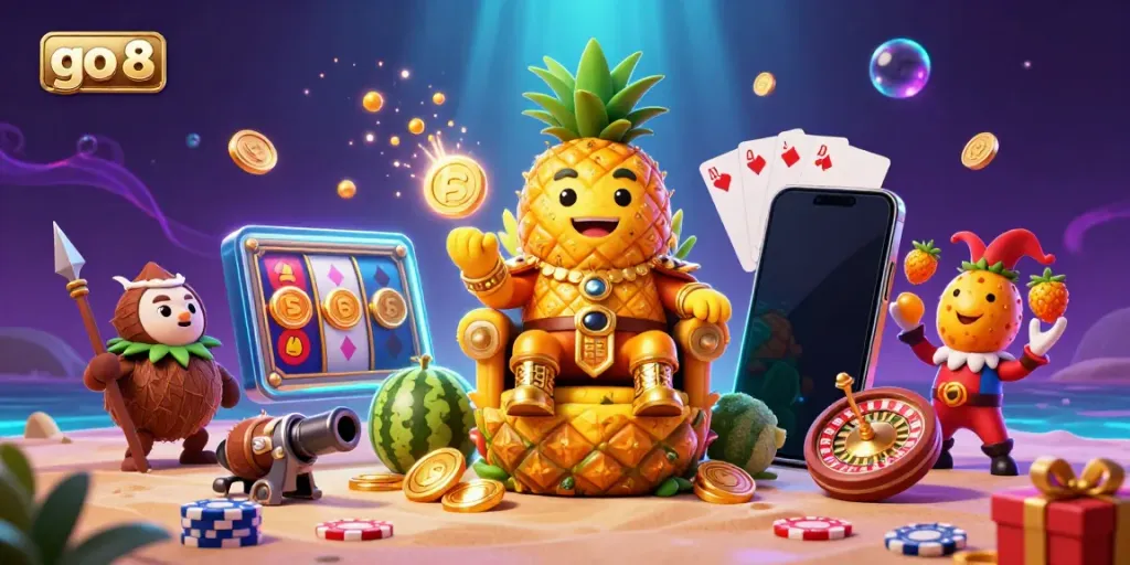 Engage with go 8 at a vibrant beach casino, featuring cartoon characters and exciting game elements.