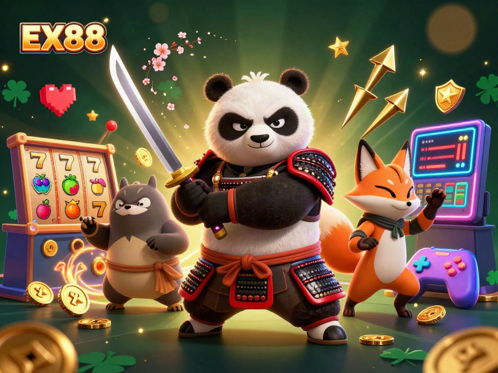 Engage with EX88's dynamic gaming scene featuring vibrant characters, slot reels, and sparkling elements.