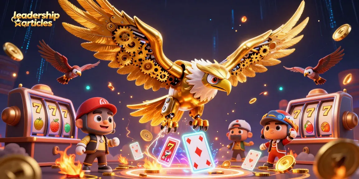 Engage with leadership articles through captivating casino visuals, featuring a cybernetic eagle.