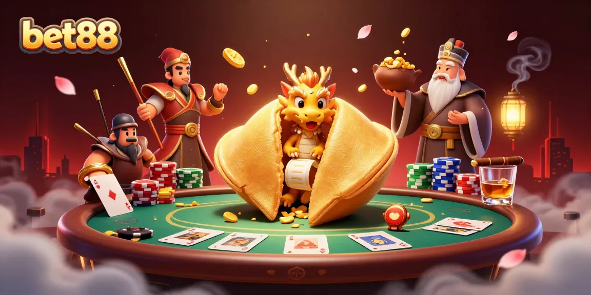 Bet88 players enjoy action-packed gambling with poker chips and a fortune cookie dragon.