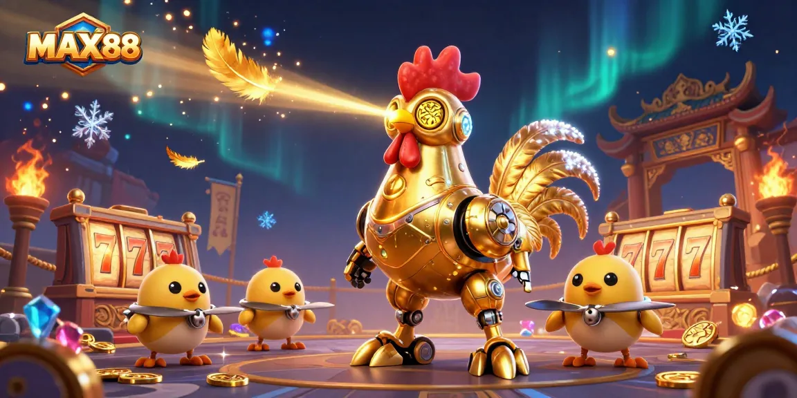 Experience thrilling MAX88 slots action with vibrant golden rooster robot and dynamic casino elements.