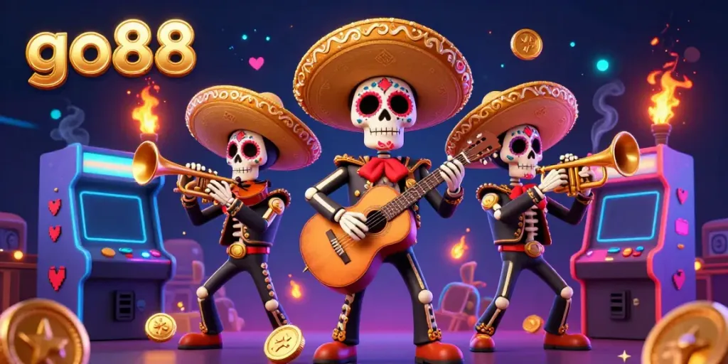 Experience the vibrant gaming atmosphere at go88 with a festive mariachi band surrounded by neon-lit arcade machines.