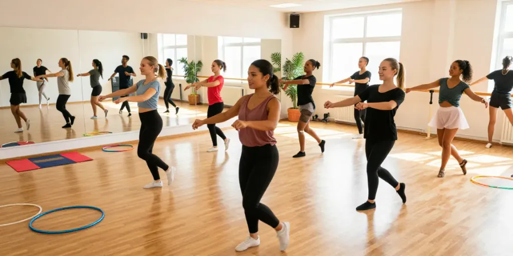 Dancers in a vibrant studio practicing various styles at kineticsynergydancecompany.com.