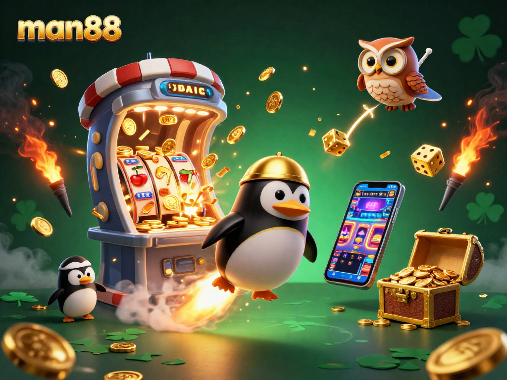 Experience thrilling gameplay at man88 as the golden penguin navigates through a casino-inspired galaxy.