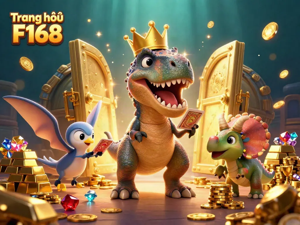 Experience the excitement of gambling at Trang chủ F168 with a vibrant 3D casino scene featuring animated characters and treasure.