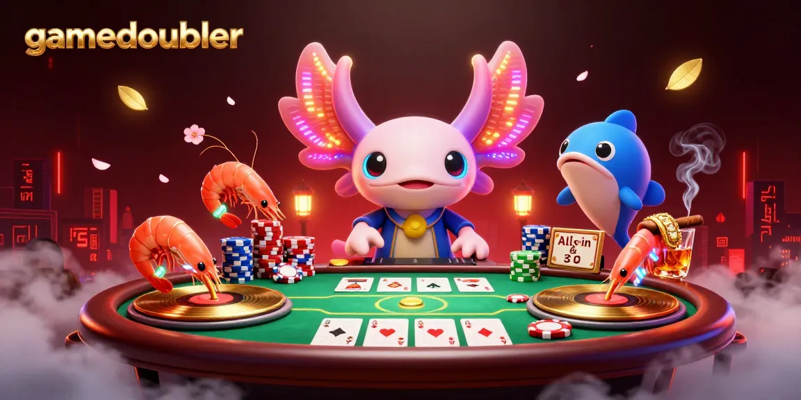 Engage in thrilling poker excitement at gamedoubler with vibrant casino elements and neon characters.