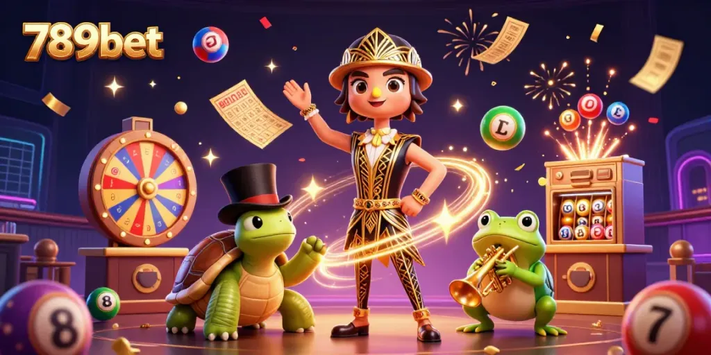 Engage in thrilling games with 789bet at an energetic casino speakeasy featuring colorful lottery elements.