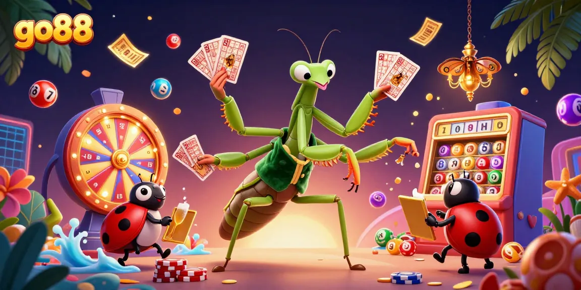 Experience the thrill with go88's vibrant scene, featuring a card sharp mantis and ladybug pit boss captivating players.