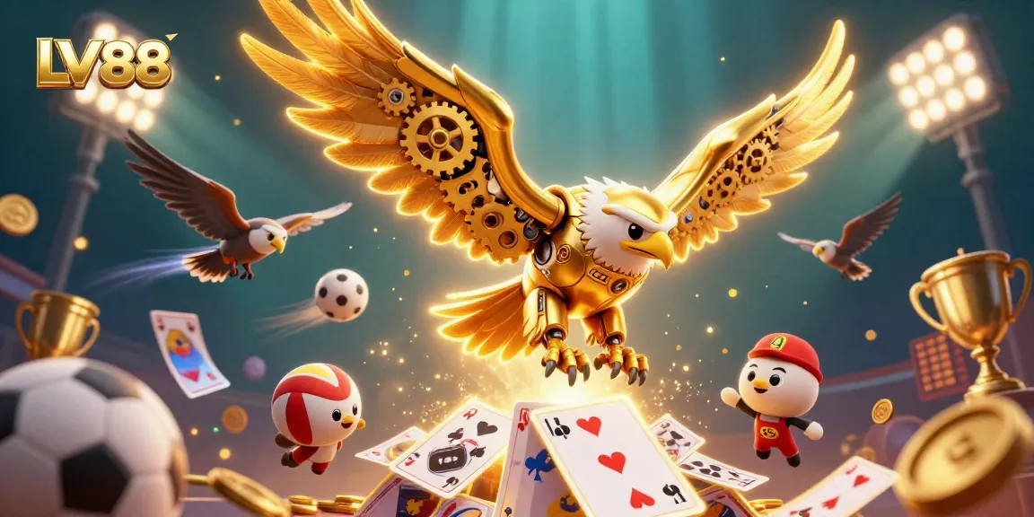 Experience excitement with LV88 as the golden eagle dives through holographic cards and sports elements.