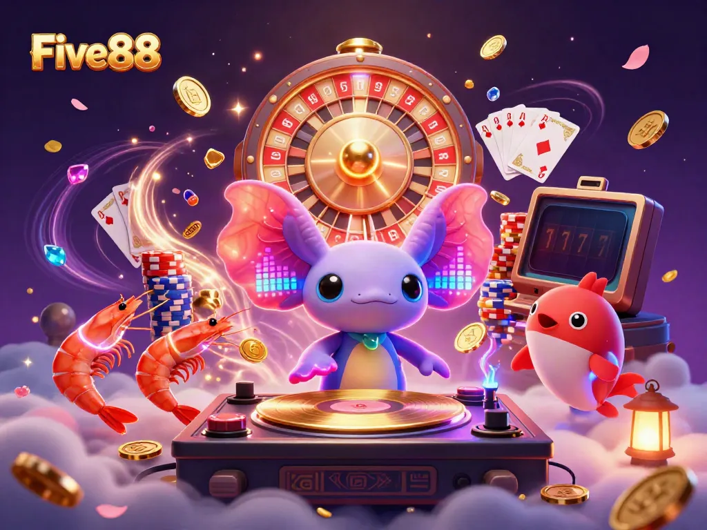 Experience the vibrant energy at Five88 with a neon axolotl DJ and lively casino elements.