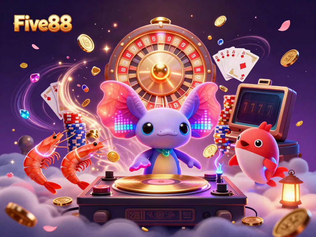 Experience the vibrant energy at Five88 with a neon axolotl DJ and lively casino elements.