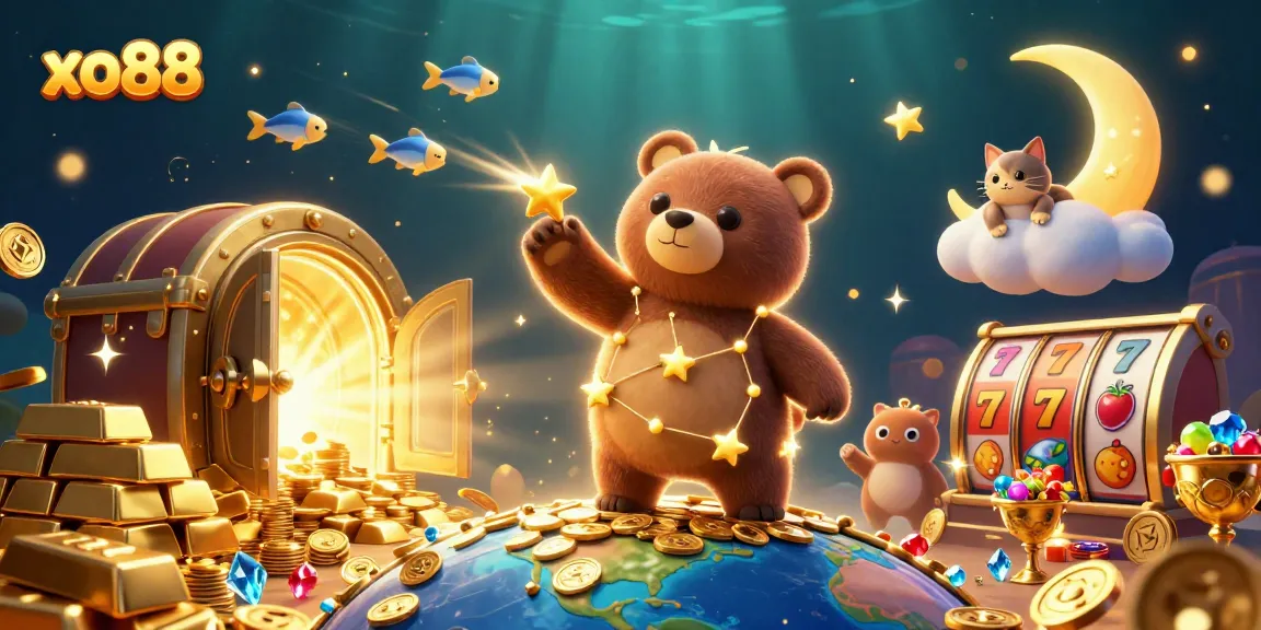 Experience the thrill of xo88 with a vibrant cosmic casino scene, featuring a constellation bear.