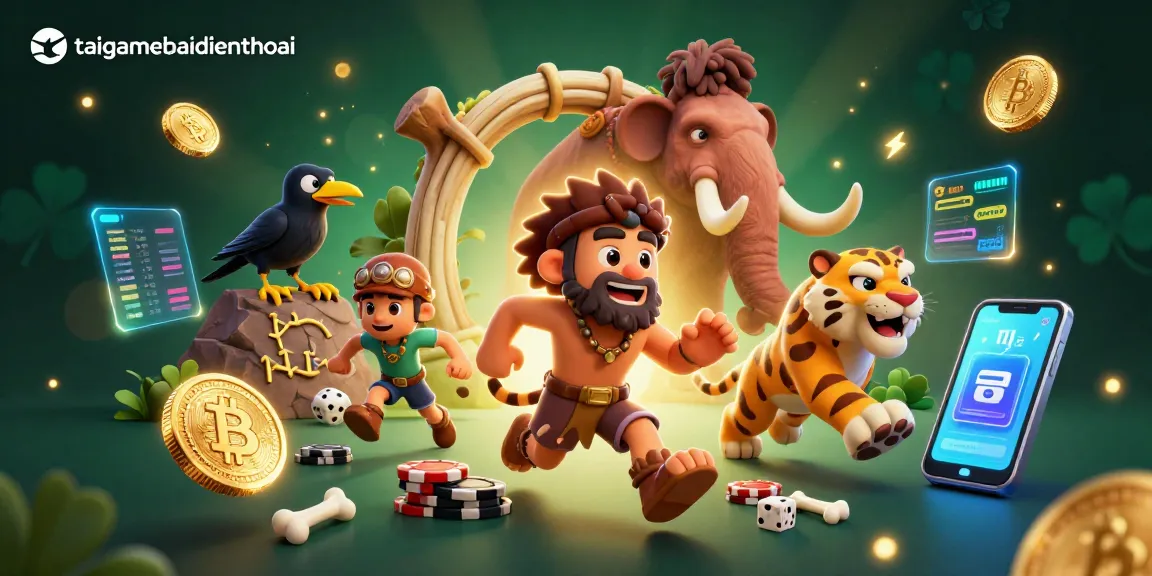 Engage in thrilling gaming action at taigamebaidienthoai with a prehistoric casino scene featuring Bitcoin and Ethereum