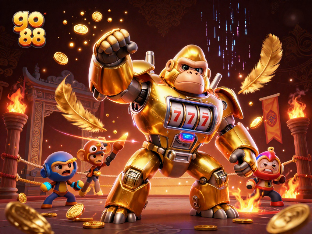 Experience thrilling moments with go 88 in this explosive 3D casino scene featuring a golden gorilla mech.