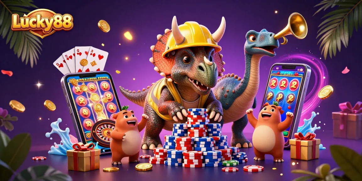 Experience the thrill of Lucky88 with vibrant slot game action and playful dinosaur characters!