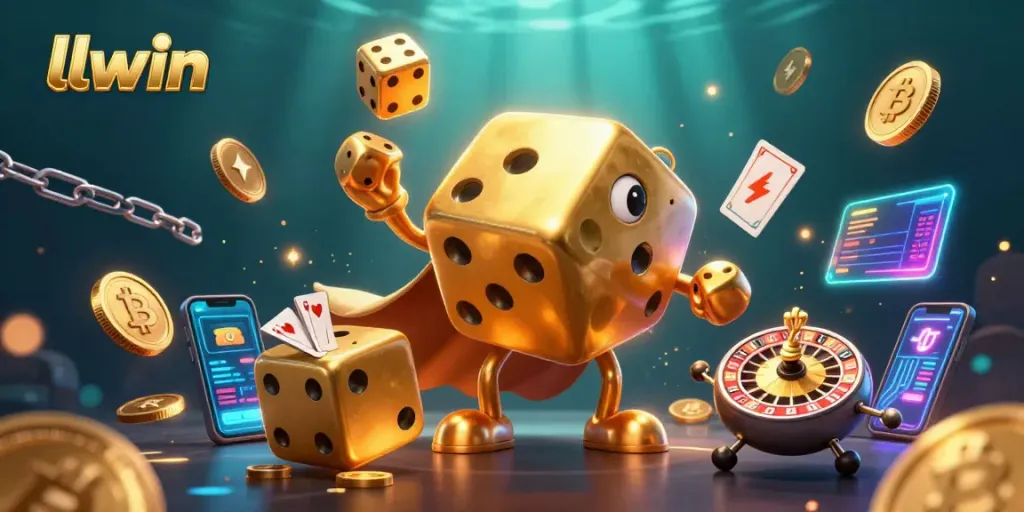 llwin players enjoy vibrant casino atmosphere with golden dice and crypto elements